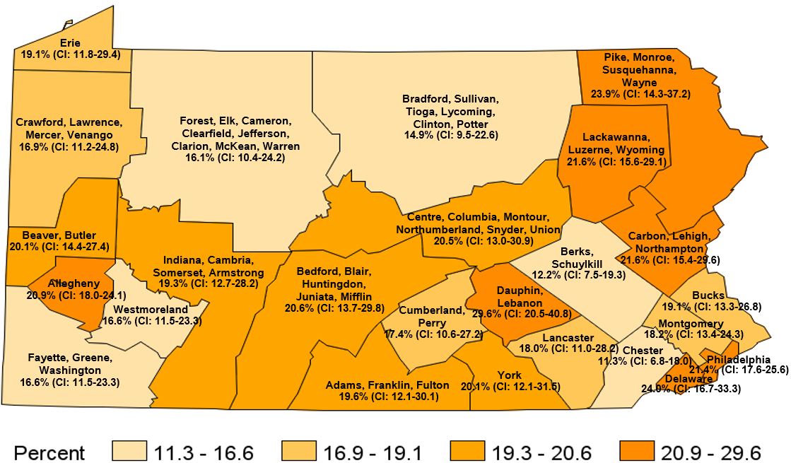 Before Age 18, Lived With Anyone Who Was Depressed, Mentally Ill or Suicidal, <br>Pennsylvania Regions, 2019